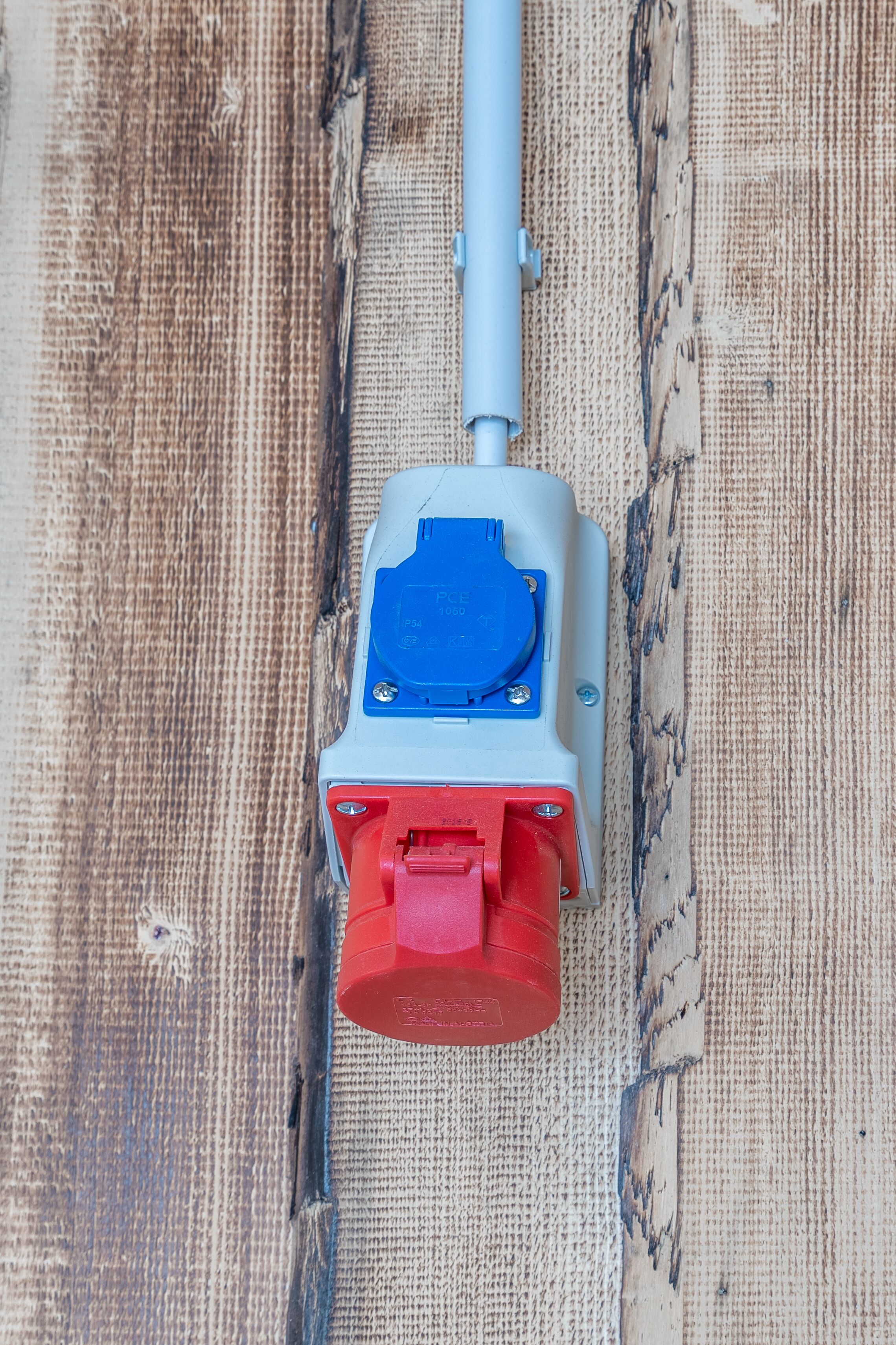 A power outlet with a red switch and a blue cover plate mounted on a wooden surface.