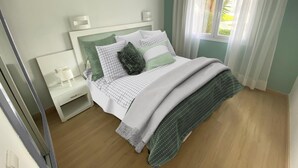 A bedroom with a bed, nightstands, a window with curtains, and a view of greenery outside. - Apartment with Pool View (Manacor)