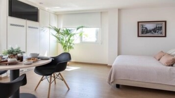 Una habitación de hotel moderna con una cama, un escritorio con silla, una planta en maceta y una ventana.