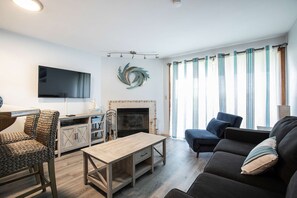 Televisio, takka, DVD-soitin, kirjoja