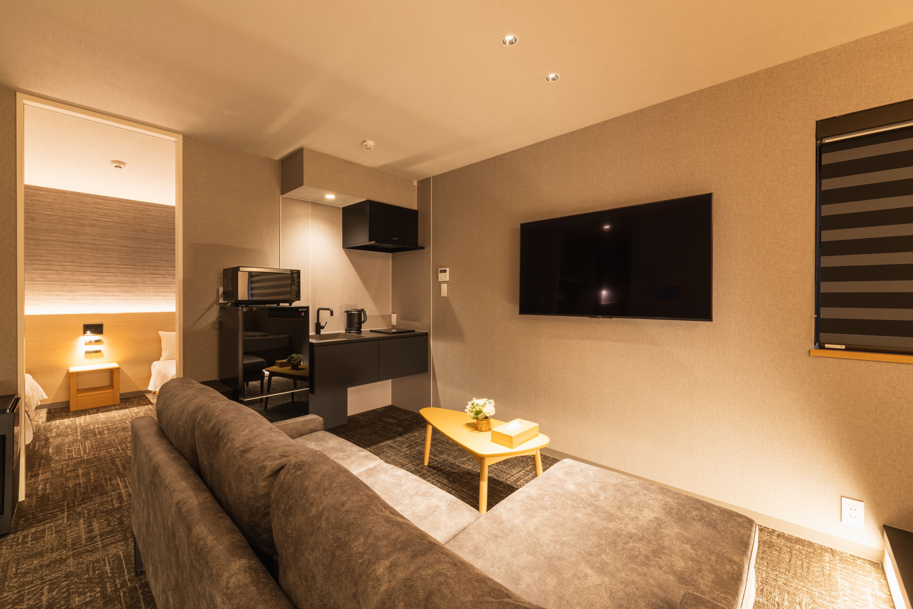 A modern living room with a sofa, a small table with a vase, a flat-screen TV mounted on the wall, and a kitchen area with a microwave and a coffee maker.
