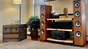 A living room with a wooden entertainment center, a flat-screen TV, a lamp, a potted plant, and a vintage suitcase.