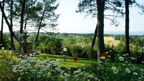 A garden with a fountain, flowers, and a view of the countryside.