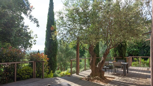 Un terrazzo in legno con tavolo e sedie, circondato da alberi e vegetazione.