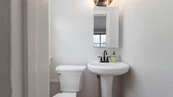 Hair dryer, towels, shampoo, toilet paper