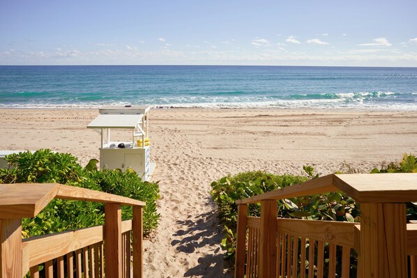 On the beach, sun loungers, beach umbrellas, beach towels