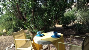 Un espacio al aire libre con una mesa redonda y dos sillas, rodeado de follaje.