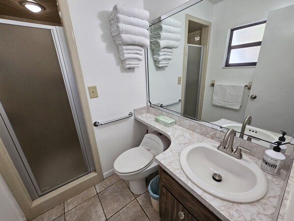 A bathroom with a shower, toilet, sink, and a mirror.