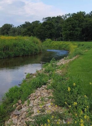 Escape to a serene riverside haven surrounded by lush greenery and wildflowers.