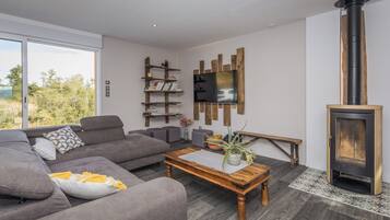 Smart-tv, een open haard en een dvd-speler