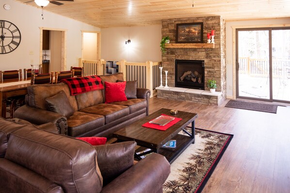 Smart TV, fireplace, table football, books