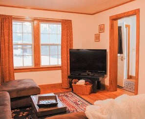 Smart TV, fireplace, DVD player, books