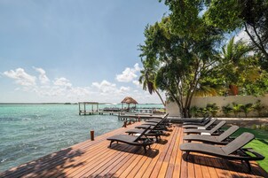 On the beach, sun loungers