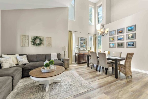 TV, fireplace, books, offices