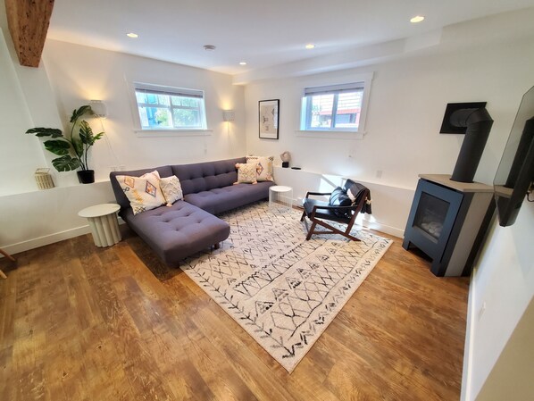 Smart TV, chimenea y libros 