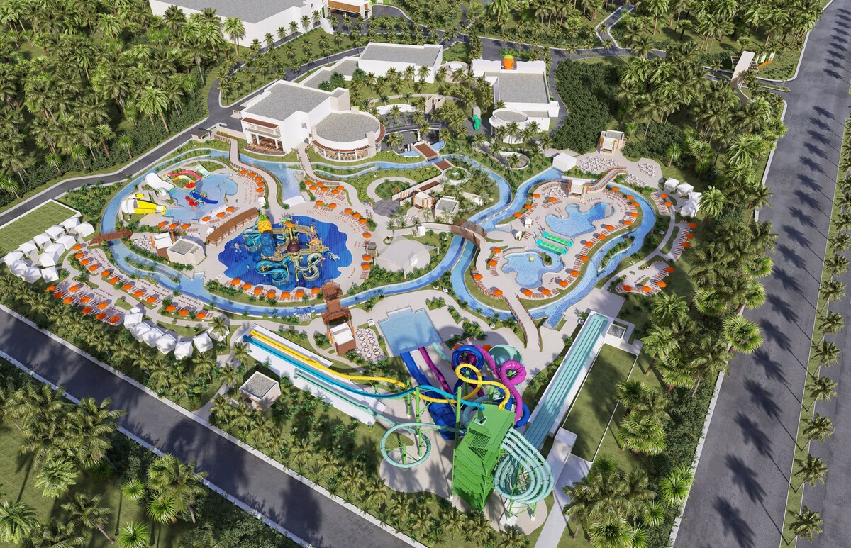 An aerial view of the water park and lazy rivers at Nickelodeon Resort Riviera Maya