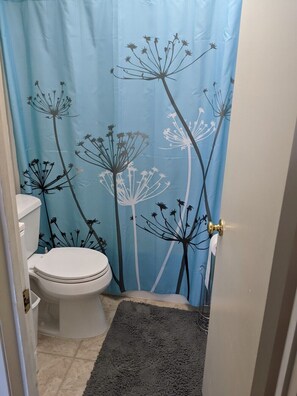 Ein Badezimmer mit Toilette, einer Duschvorhang mit Blumenmuster und einem grauen Teppich.