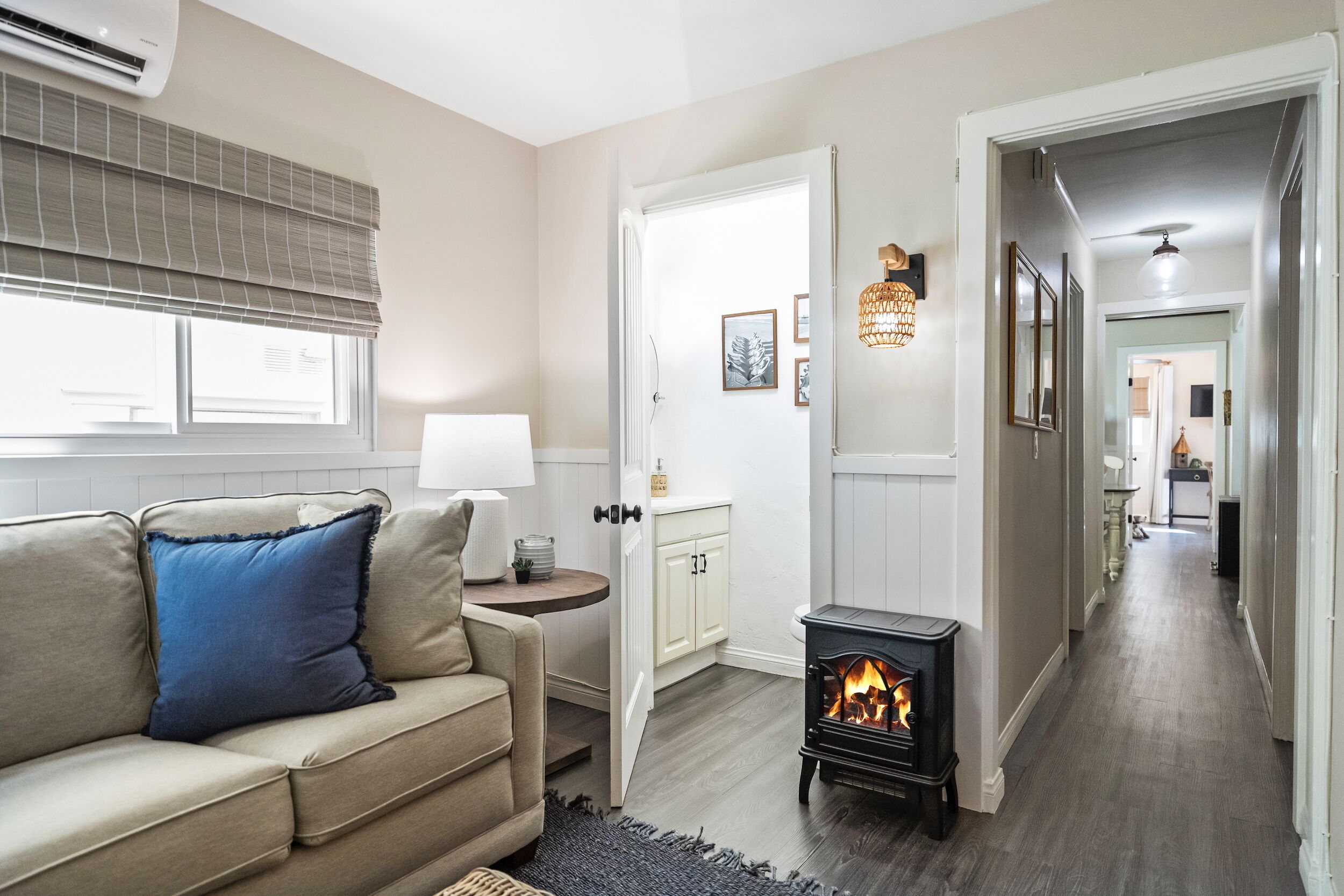 Smart TV, fireplace, video games, DVD player