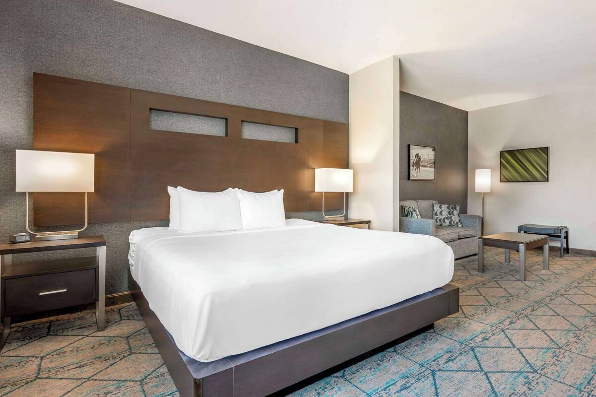 Habitación de hotel con una cama grande, dos mesitas de noche, un sofá y una pequeña mesa.