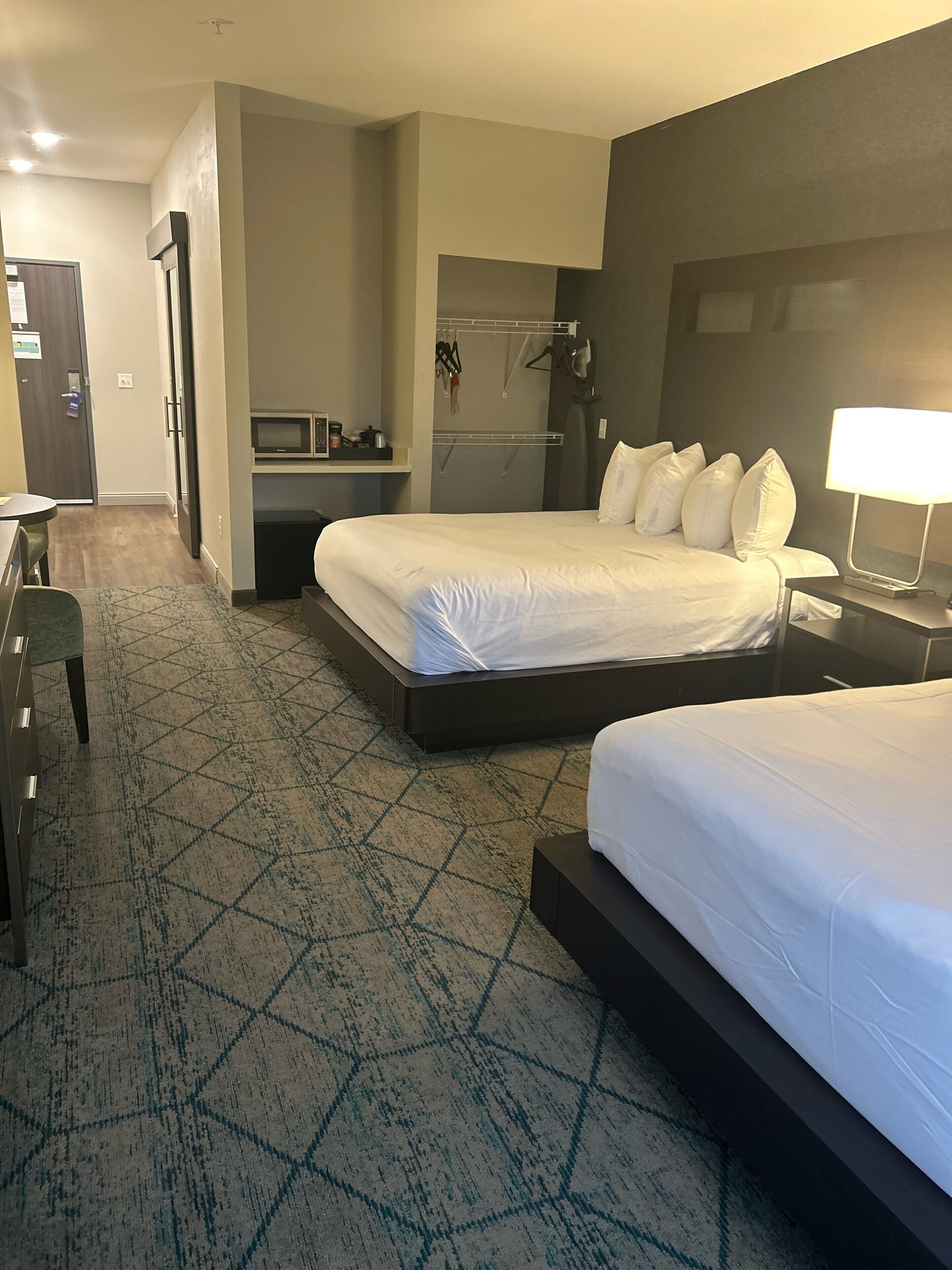 standard room, 2 queen beds, hearing accessible, non smoking | premium bedding, desk, laptop workspace, iron/ironing board