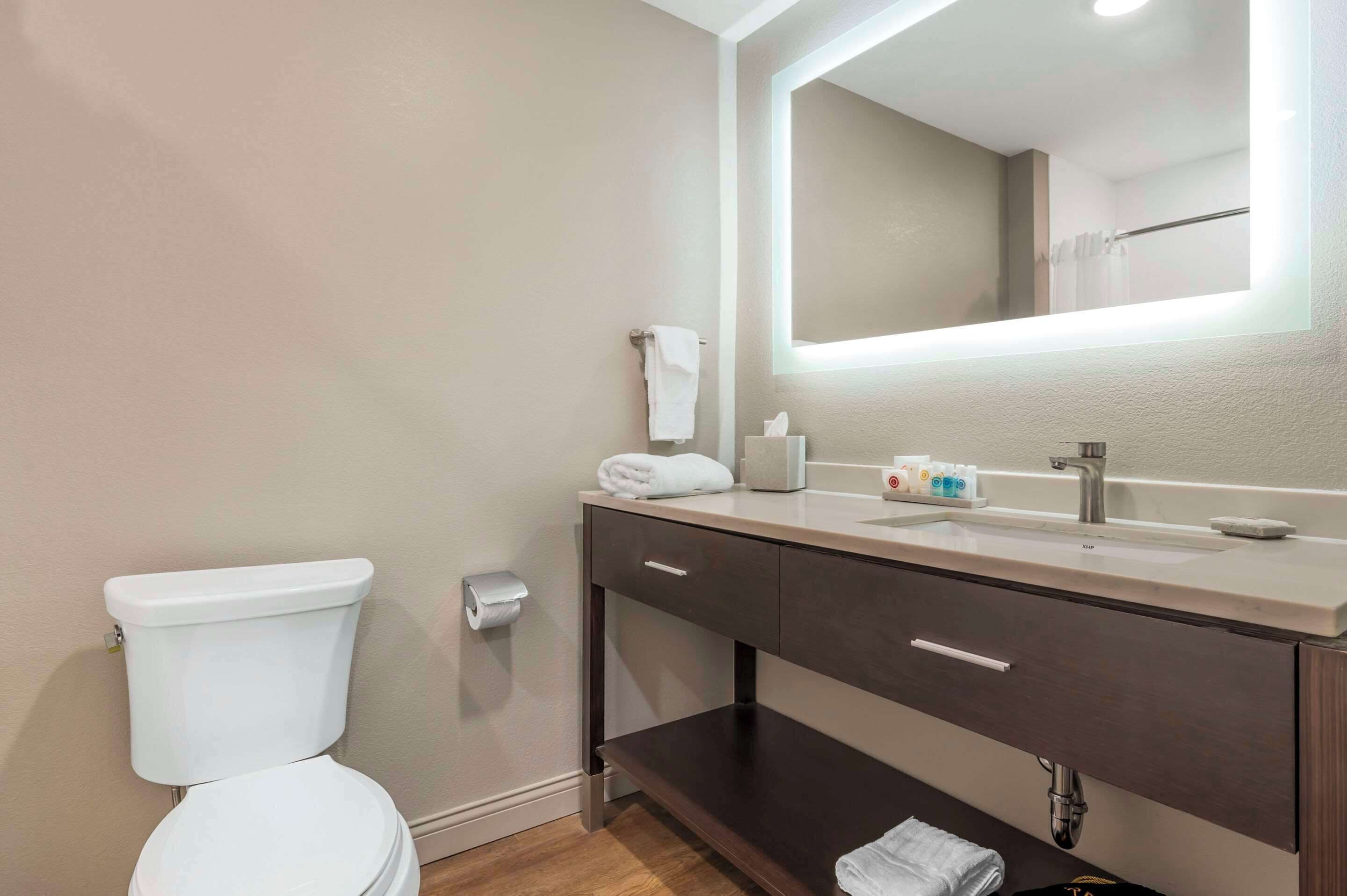 A bathroom with a toilet, a sink, a mirror, and a towel rack.