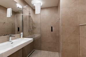 Ducha, cabezal de ducha tipo lluvia, secador de pelo, toallas