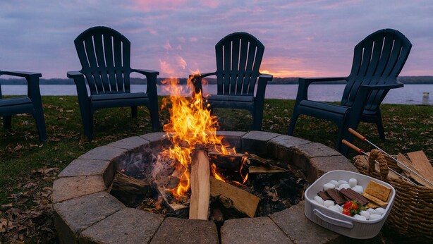 A fire pit with chairs around it, a basket of marshmallows, and a lake view at dusk. - SPACIOUS and Stylish Lakefront Retreat, STUNNING Views, Firepit! (Fox Lake)