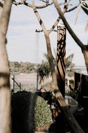 A beachside view with a palm tree, a metal structure, and a body of water. - Ocean Essence (Currarong)
