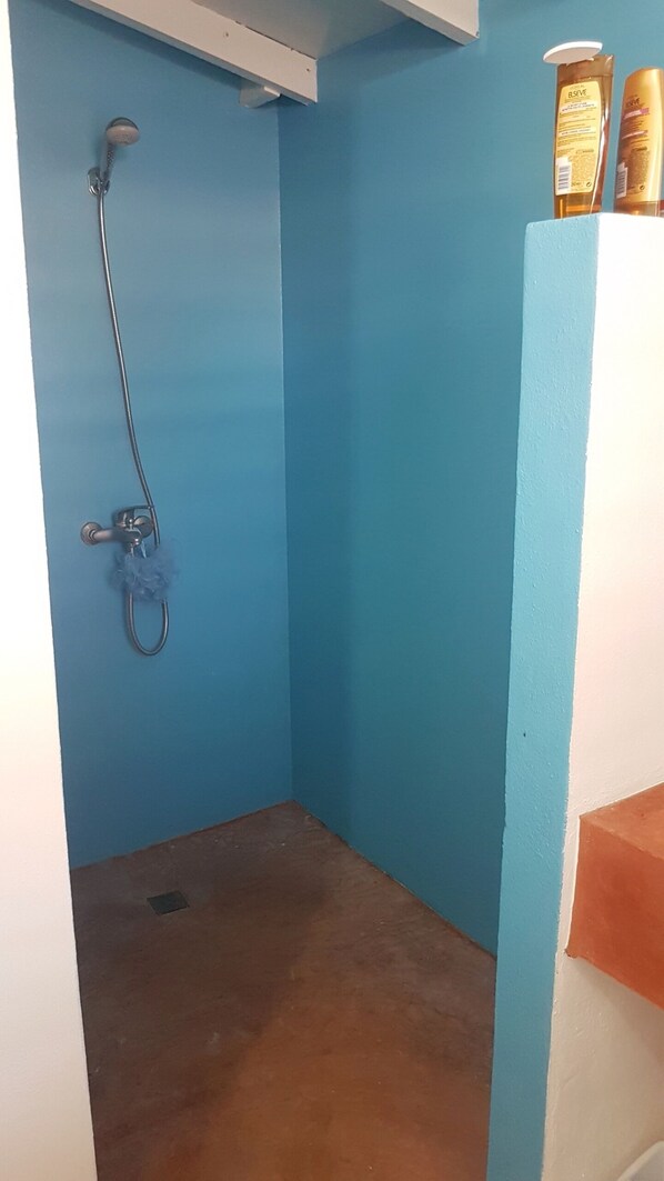 A small, blue-walled bathroom with a shower, a towel rack, and two bottles on a shelf.