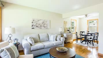 Fireplace, DVD player, foosball, computer monitors