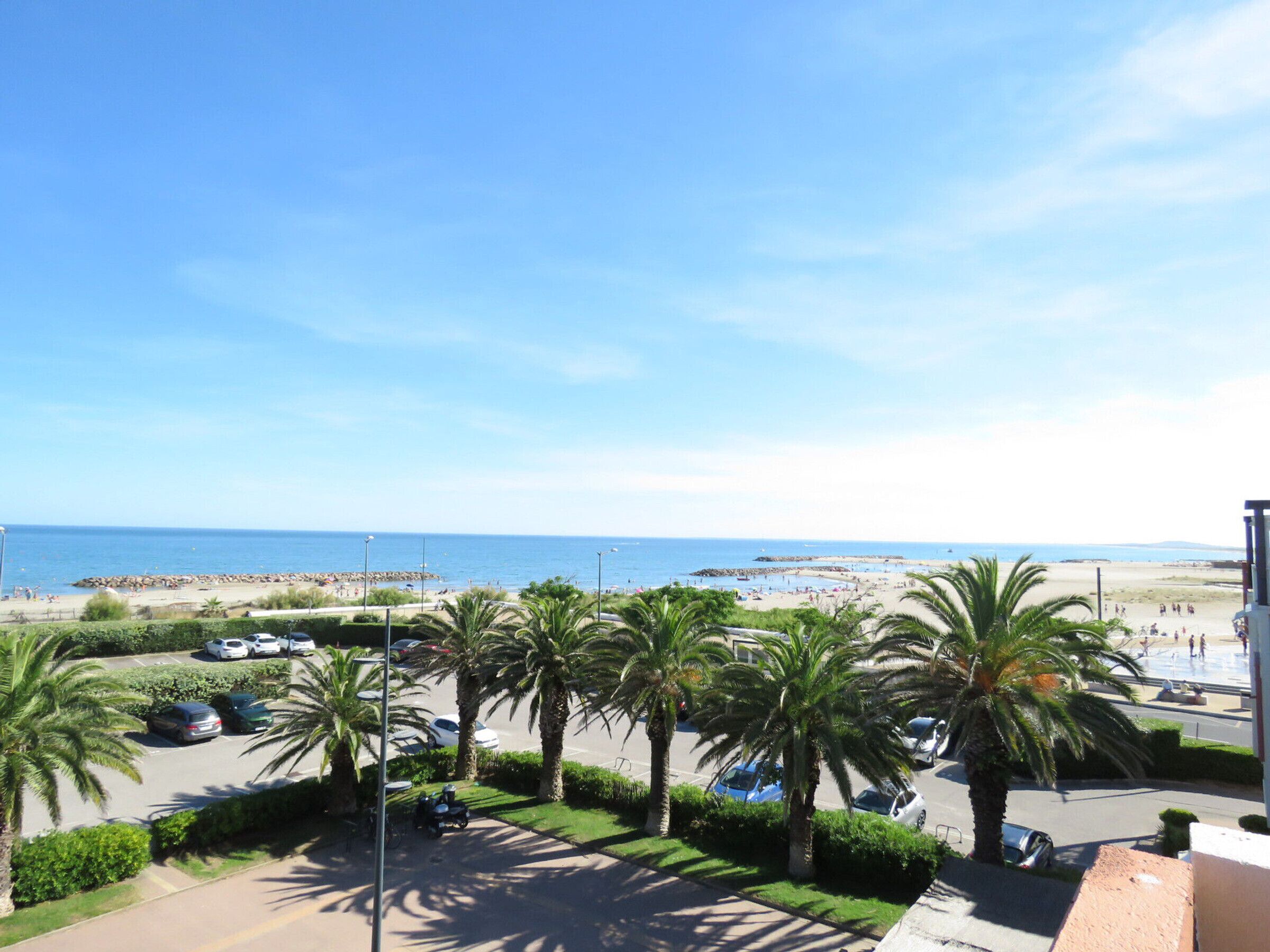 Blick auf die Küste mit Strand, Palmen und geparkten Autos.