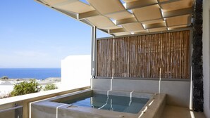 A rooftop infinity pool with a view of the ocean, a bamboo privacy screen, and a stone wall.