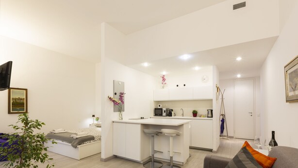 Un appartement moderne comprenant un salon, une cuisine et une chambre.