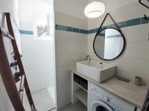 Shower, hair dryer, soap, toilet paper