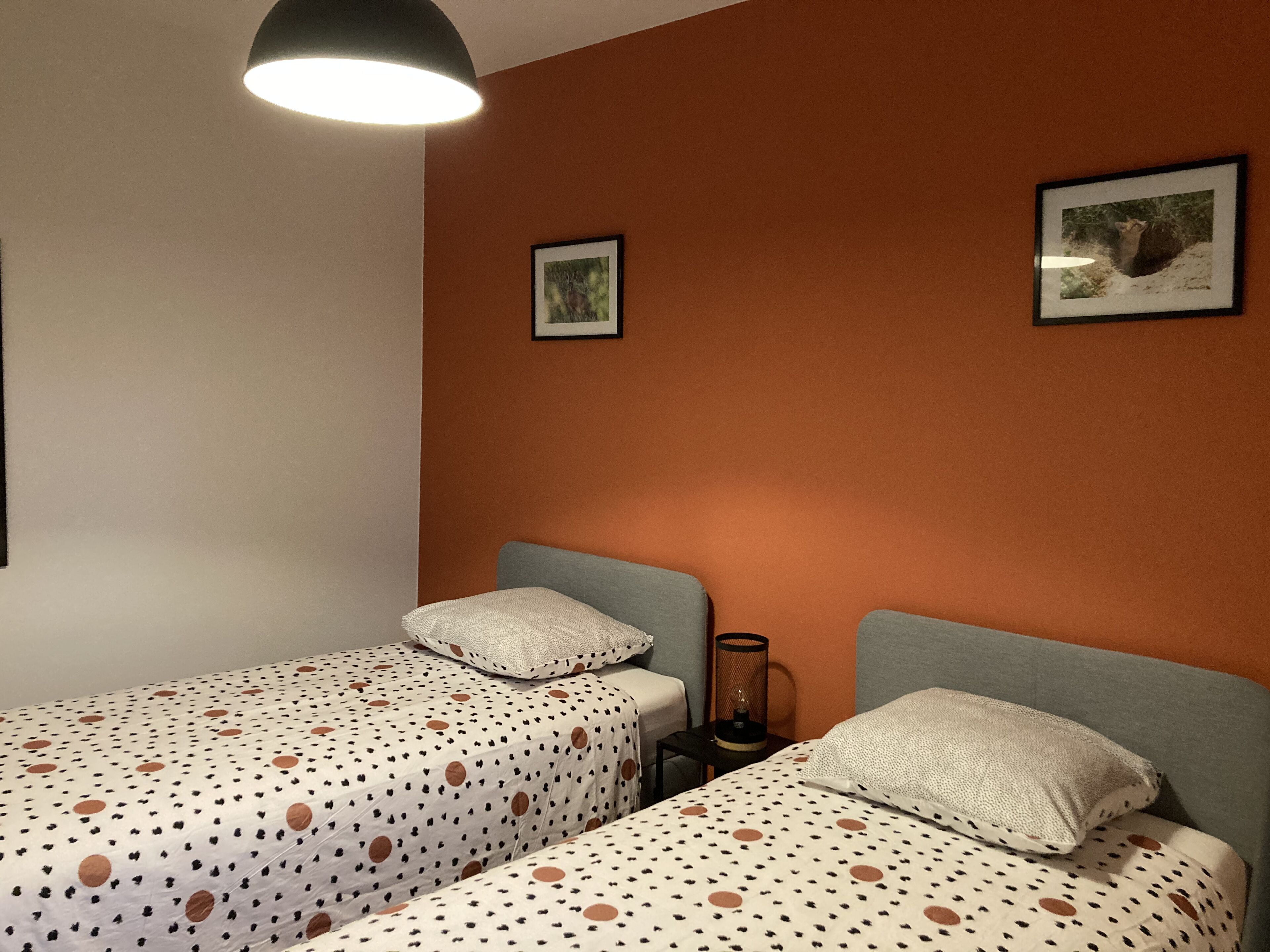 Une chambre d’hôtel avec deux lits simples, chacun équipé d’un oreiller et d’une tête de lit. Un tableau encadré est accroché au mur, au-dessus des lits.
