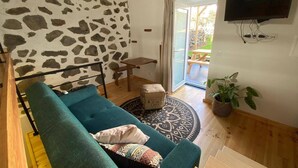 Un salon chaleureux avec un canapé de couleur turquoise, un mur en pierre, un plancher en bois, un téléviseur et une vue sur un espace extérieur, accessible par une porte en verre.