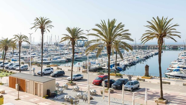 A marina with numerous boats docked, palm trees lining the area, and cars parked along the roadside. - A&n   Seaport     1a (Caleta de velez)