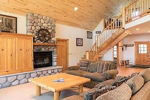 Smart TV, fireplace, books