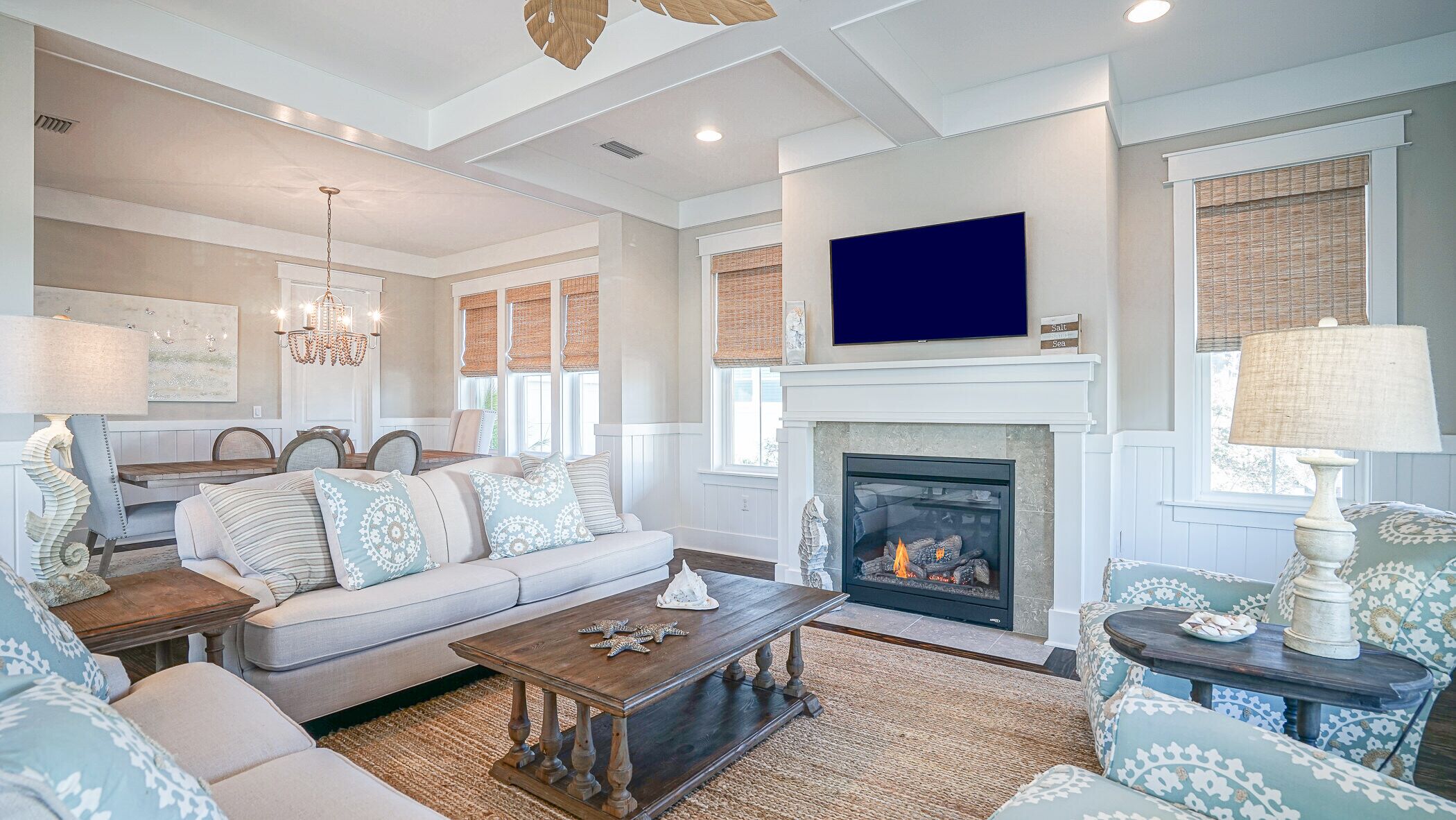 Smart TV, fireplace, books