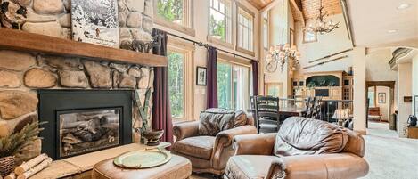 Fireplace, DVD player, foosball, music library