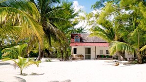 A beach house with a red roof, surrounded by palm trees and a sandy beach. - Private oceanfront house - lagoon access (Tulum)