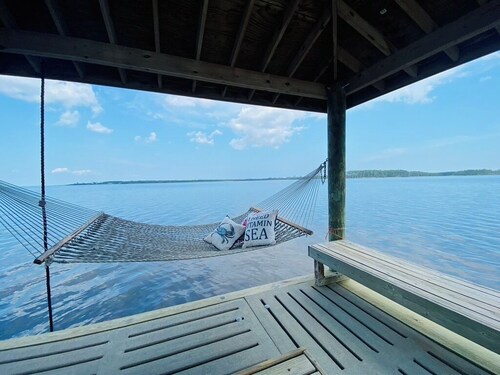 Riverfront property with dock and ramp.  Dolphins, fish, boat, swim & more