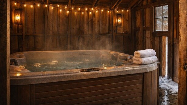 A wooden cabin interior with a hot tub, string lights, and a window with snow outside. - Historic Elk Ave 3 Master Suites + Hot Tub - Walk Everywhere (Crested Butte)
