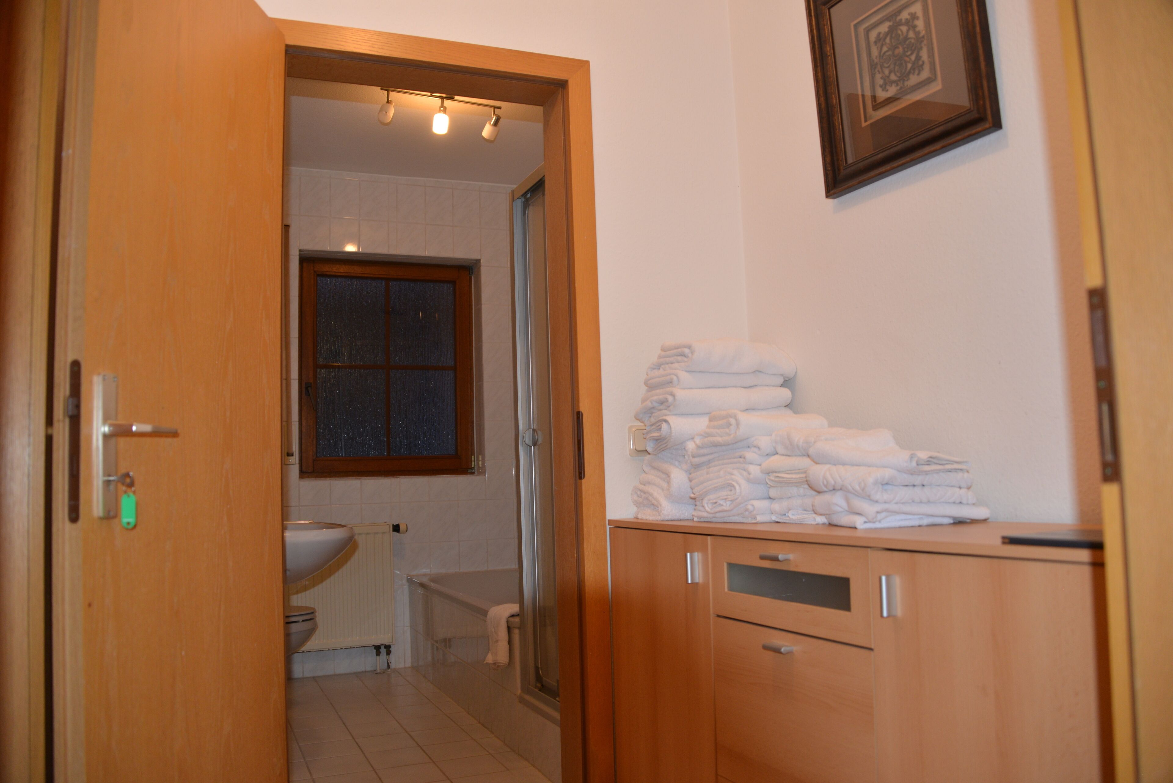Bathtub, hair dryer, towels