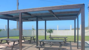 Un espacio de picnic techado con bancos y una pequeña palmera.
