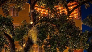 Un hotel con un letrero que dice 'CASA DEL HIDALGO HOTEL', un árbol grande al frente y una entrada bien iluminada.