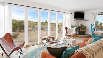 Tv, eldstad och en stereo