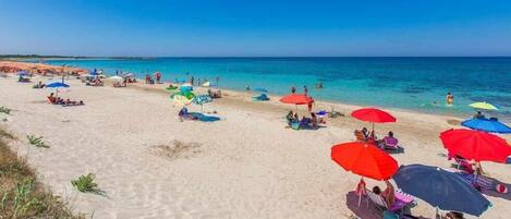 On the beach, sun loungers, beach towels