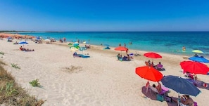 On the beach, sun loungers, beach towels