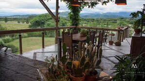 A wooden deck with a table and chairs, surrounded by potted cacti and plants, overlooking a lush landscape.